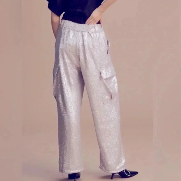 NWT Anthropologie Purple Silver Sequin Cargo Pull on Trouser Party Pants Size 2 - Picture 4 of 11